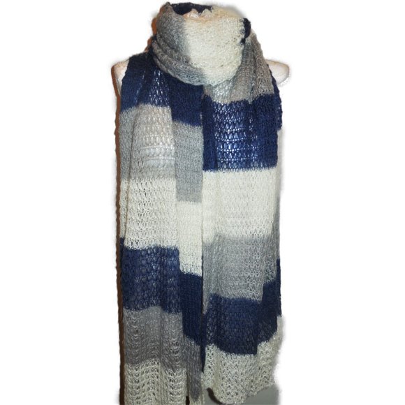 Scarf Knit Stripe White Blue Lurex Long winter - Picture 8 of 8